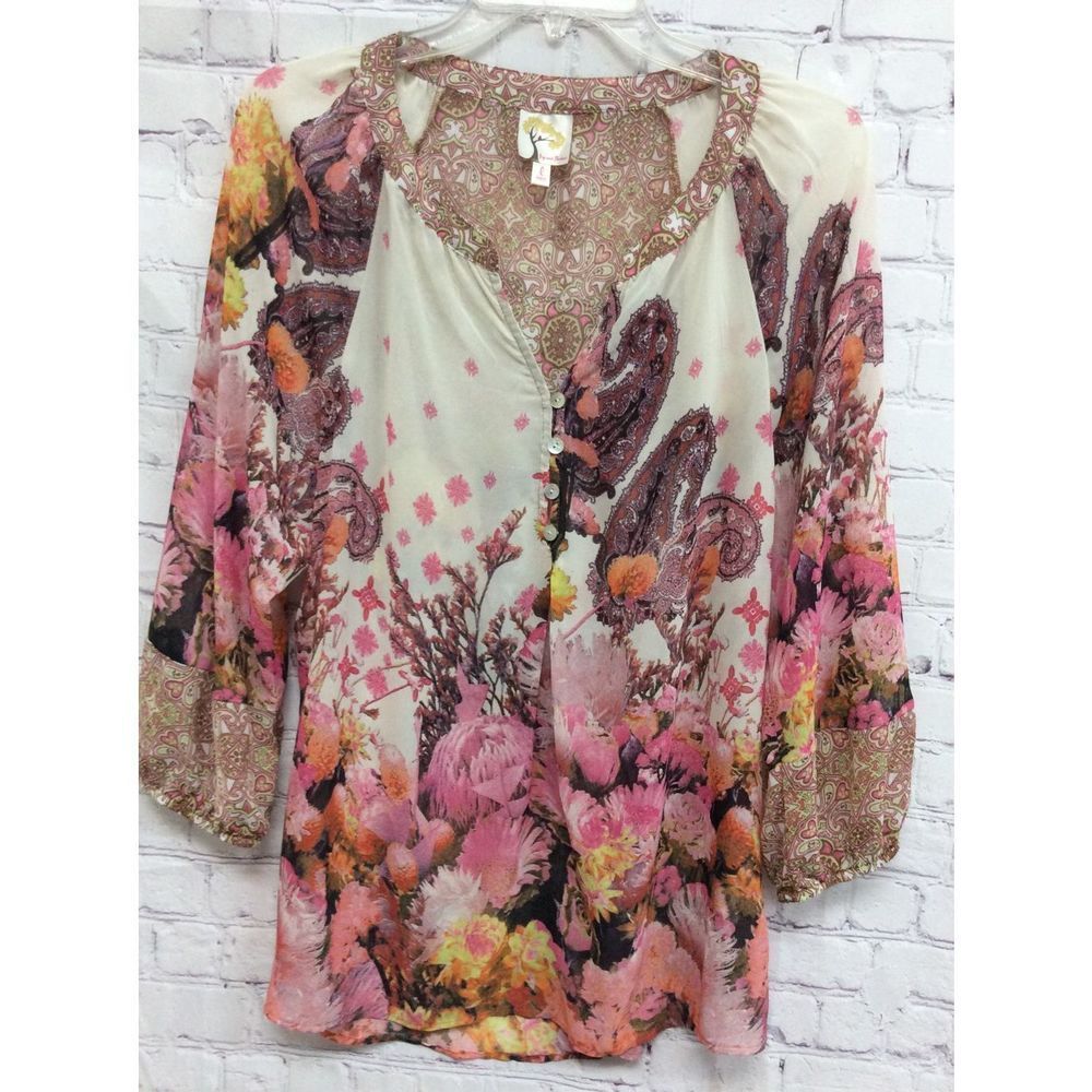 Floral Boho V-Neck Women's Blouse in Pink and Cream